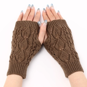 Brown knitted fingerless gloves with hollow leaf pattern for winter warmth and comfort