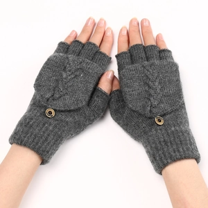Gants convertibles en maille torsadée gris foncé avec rabat à bouton pour adultes
