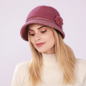 Close-up of knit cloche hat with rabbit fur blend texture and 3D flower decoration