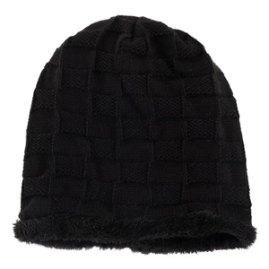 Close-up of black checkered knit beanie showing the thick fleece lining for winter warmth