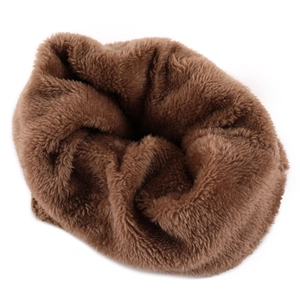 Detail of soft brown faux fur neck warmer with thick plush lining for winter warmth