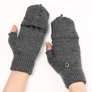 Gants gris en maille torsadée avec rabat convertible et bouton mode pour l'hiver