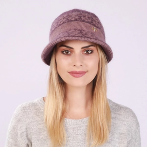 Detail of winter knit cloche hat with a sparkling crystal bee pin and floral texture