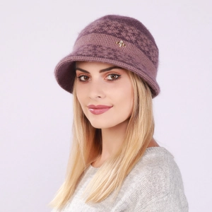 Close-up of soft knit bucket hat in mauve with a rhinestone bow detail and fuzzy texture