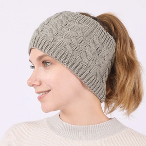 Winter cable knit headband in grey, warm ear warmer with top opening for pony tail