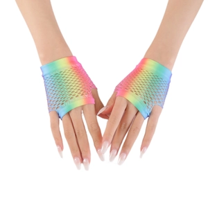 Detail shot of rainbow gradient mesh fabric on elastic fingerless fishnet gloves