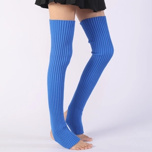Over-the-knee Klein blue knitted leg warmers with stirrup design for ballet and yoga