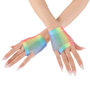 Close-up of rainbow gradient fishnet fingerless gloves with elastic mesh and vibrant colors