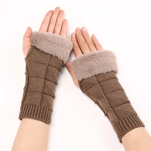 Macro shot of dark brown waffle-knit half-finger gloves with plush faux fur trim cuffs