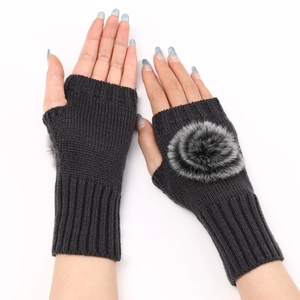 Détail de mitaines en tricot gris foncé ornées d'un pompon en fausse fourrure douce