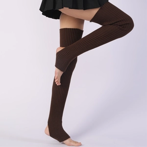 Dark brown ribbed knit over-knee leg warmers with stirrups for yoga and ballet