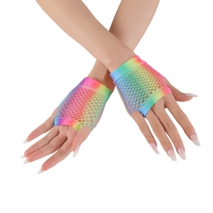 Detailed view of rainbow mesh fishnet fingerless gloves for summer party accessories