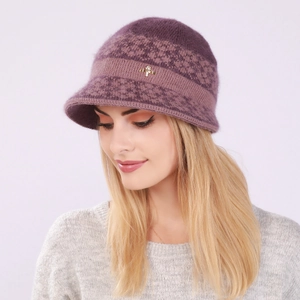 Close-up of purple knit bucket hat with jacquard pattern and rhinestone bow detail