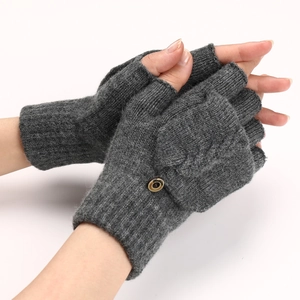 Mitaines tricotées gris foncé avec rabat convertible et motif torsadé pour l'hiver