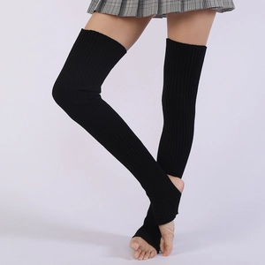 Over-the-knee black ribbed knit stirrup leg warmers for ballet dance and yoga