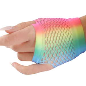 Short rainbow fishnet fingerless gloves with mesh knit design for party and festival