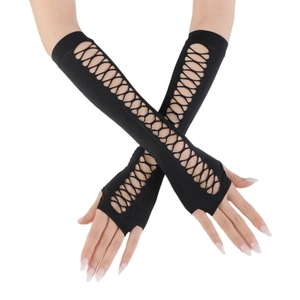 Close-up of black hollow-out long fingerless gloves with punk style criss-cross straps