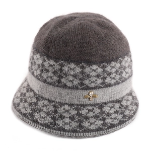 Detailed close-up of a grey knitted winter hat featuring a jeweled bee metal ornament
