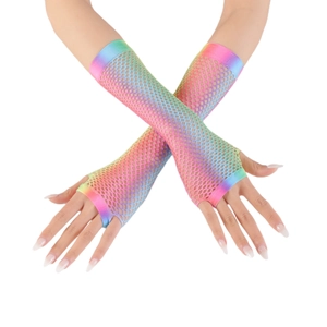 Close-up of rainbow gradient fishnet gloves with long fingerless mesh arm warmers