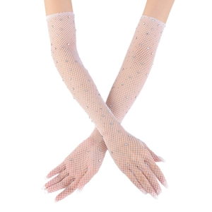 Gants longs résille blancs élégants avec strass brillants pour danse et spectacles de scène