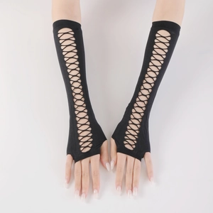 Fashionable black knit arm warmers with cross-strap hollow design and fingerless style