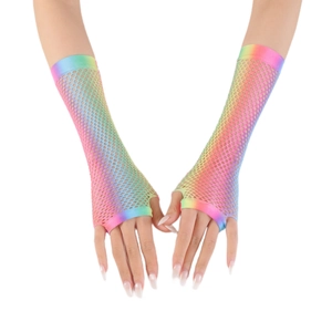 Close-up of rainbow gradient fishnet long gloves with high elastic mesh fabric design