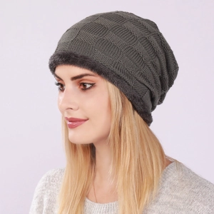 Unisex dark grey checkered knit beanie hat with thick fleece lining for winter warmth