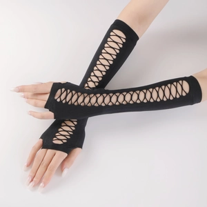 Close-up of black fingerless long gloves with criss-cross hollow out mesh punk design