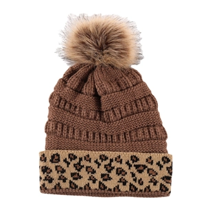 Thick warm winter knitted beanie with brown pompom and stylish leopard print cuff detail
