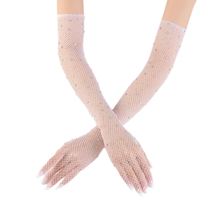 Détails de gants longs résille blancs ornés de strass argentés pour soirée et mariage