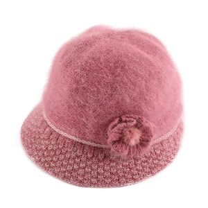 Winter knit bucket hat for women in pink faux rabbit fur with floral accent