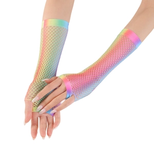Rainbow gradient fishnet fingerless long gloves with thumb hole for parties