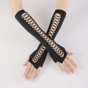 Detail of black punk style hollow-out lace-up fingerless long arm warmer gloves