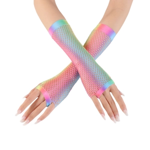 Detail of rainbow gradient fishnet long fingerless gloves with large mesh texture