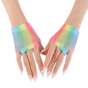 Rainbow gradient fishnet gloves with hollow mesh and half-finger design for party