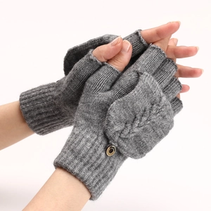 Détail de gants en maille torsadée grise avec bouton décoratif et poignets côtelés doux