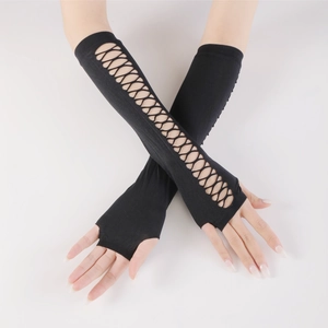 Gothic black fingerless gloves with hollow lace-up design and thumb hole for summer