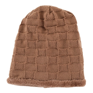 Brown checkered knit beanie hat with warm fleece lining for autumn and winter seasons