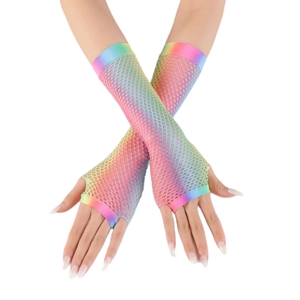 Detailed texture of rainbow gradient fishnet arm warmers with fingerless loop design