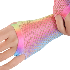 Rainbow gradient fishnet fingerless long gloves for party and festival stage costumes