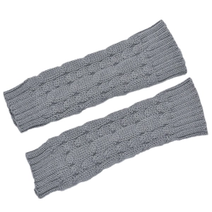 Short cable knit fingerless gloves in grey, warm winter arm warmers with ribbed cuffs