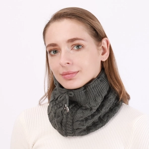 Close-up of thick cable knit texture and adjustable drawstring on dark grey neck warmer