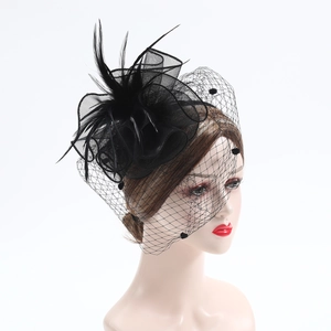 Detail of black fascinator hat with elegant feathers and dotted mesh veil for weddings
