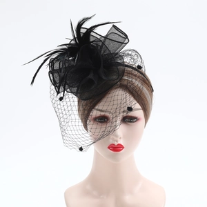 Detailed close-up of black mesh fascinator with feathers and velvet polka dots