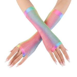 Rainbow gradient fishnet long gloves for parties featuring fingerless hook and mesh design