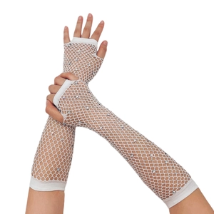 Long white fishnet gloves with sparkling rhinestones and fingerless design for parties