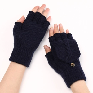 Détail de gants en tricot bleu marine avec rabat boutonné et texture douce torsadée