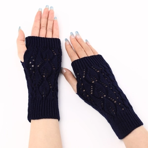 Close-up of navy blue fingerless knit gloves featuring hollow leaf pattern and ribbed cuffs