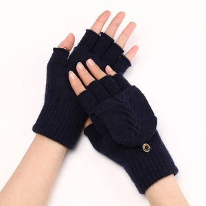 Détail de gants en tricot bleu marine avec rabat et fermeture à bouton marron