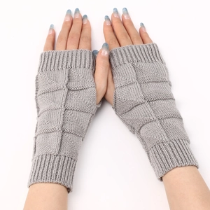 Unisex Knitted Fingerless Gloves Winter Warm Acrylic Diamond Pattern Arm Sleeves For Typing Texting Outdoor Soft Mittens